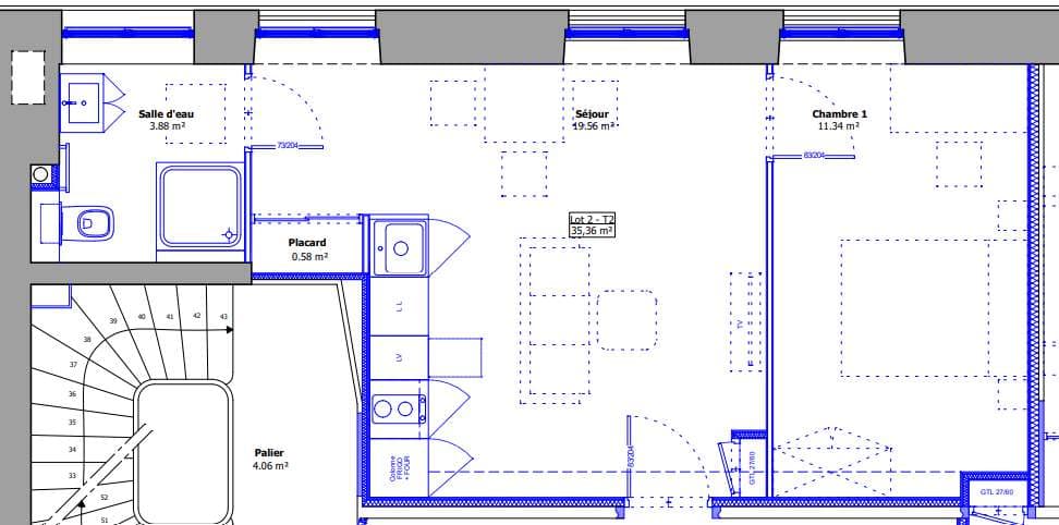 Plan coté — T2 de 35 m², rénové à neuf