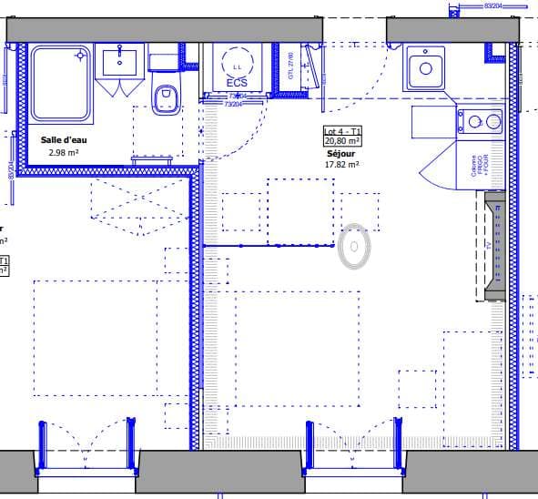 Plan coté — T1 avec balcon, 21 m², rénové à neuf