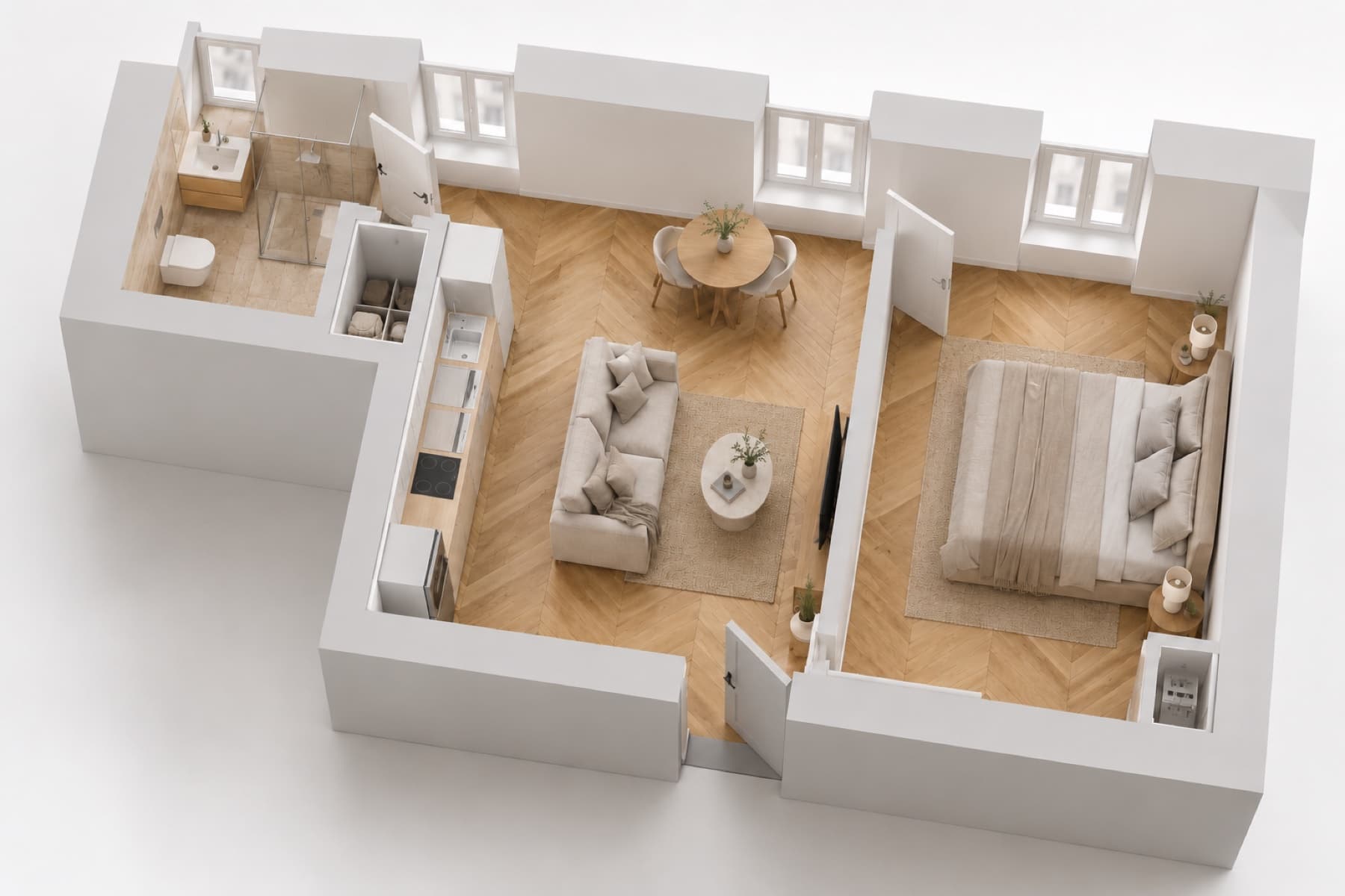 Plan 3D meublé du lot 2 — vue isométrique